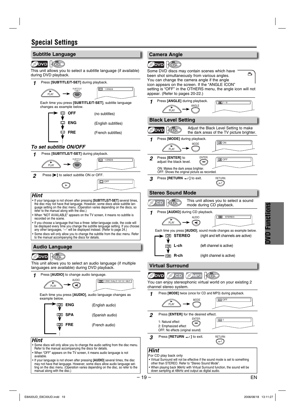 Dvd functions, Special settings, Hint | Subtitle language, Camera angle, Stereo sound mode, Black level setting, Virtual surround, Audio language | Sylvania DVC865G User Manual | Page 19 / 28