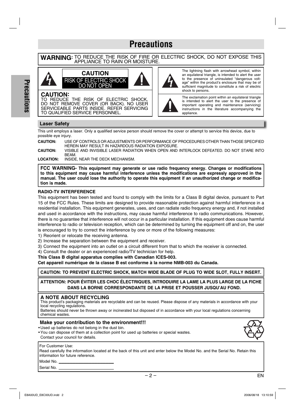 Precautions, Warning, Caution risk of electric shock do not open caution | Sylvania DVC865G User Manual | Page 2 / 28