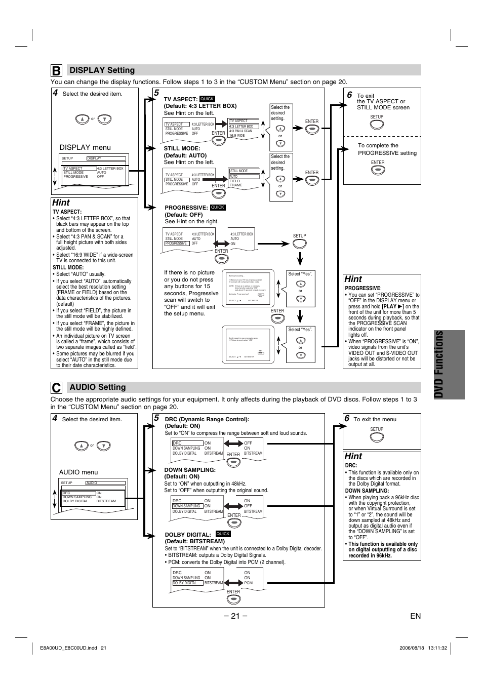 Dvd functions, 5hint, Hint | 21 – display setting, Audio setting, Display menu | Sylvania DVC865G User Manual | Page 21 / 28