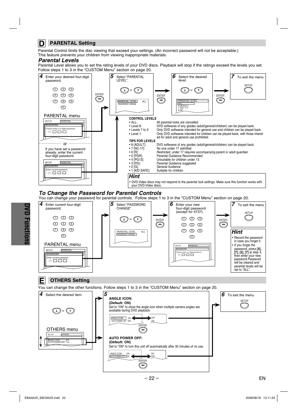 Dvd functions, Hint, Parental levels | Parental setting, Others setting, Parental menu, Others menu | Sylvania DVC865G User Manual | Page 22 / 28