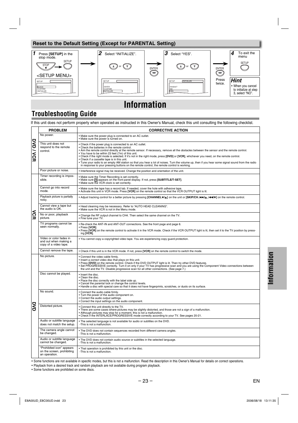 Information, Troubleshooting guide, Hint | Dvd / vcr vcr dvd, Setup menu | Sylvania DVC865G User Manual | Page 23 / 28