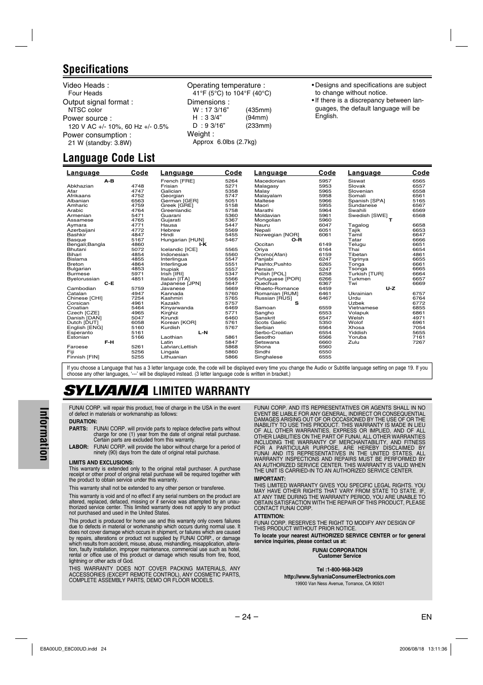 Information, Language code list specifications, Limited warranty | Video heads, Output signal format, Power source, Power consumption, Operating temperature, Dimensions, Weight | Sylvania DVC865G User Manual | Page 24 / 28