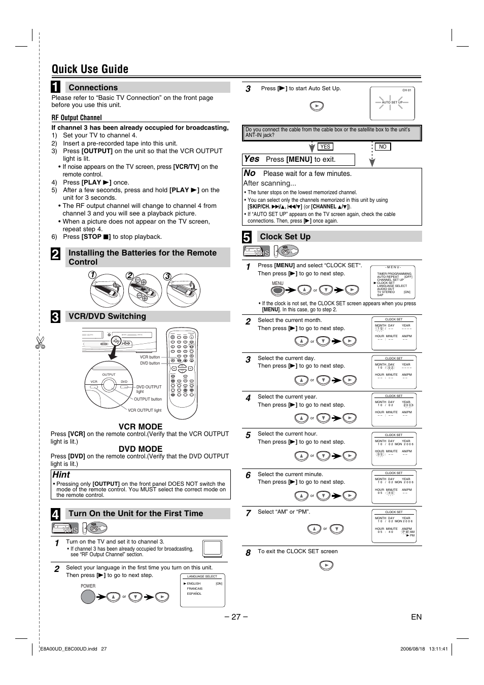 Quick use guide, Hint, Connections clock set up | Installing the batteries for the remote control, Vcr mode, Dvd mode, Rf output channel, Subtitle t-set, Search mode, Clear/ c. reset | Sylvania DVC865G User Manual | Page 27 / 28