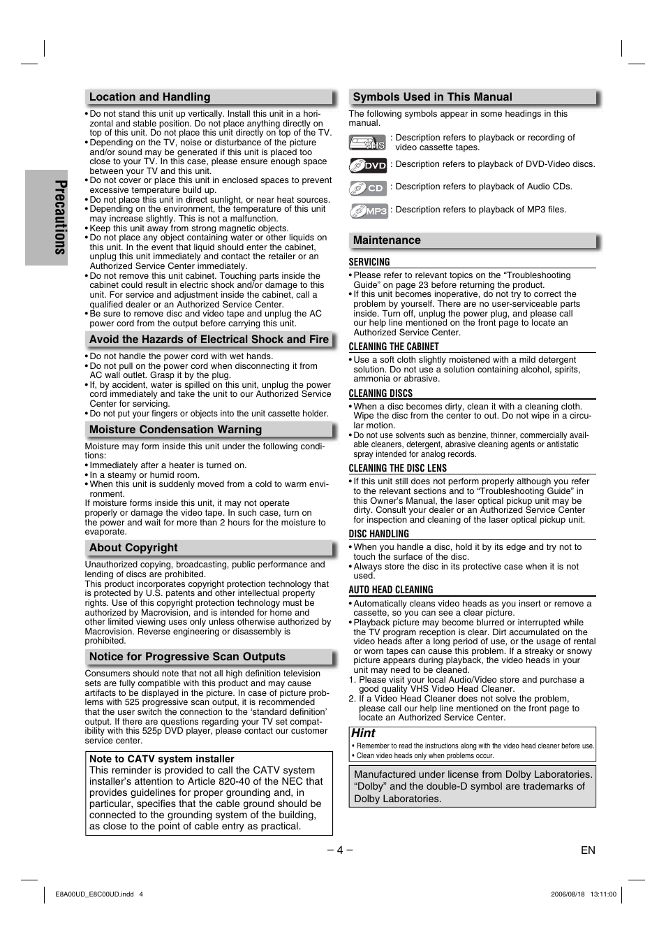 Precautions, Hint | Sylvania DVC865G User Manual | Page 4 / 28