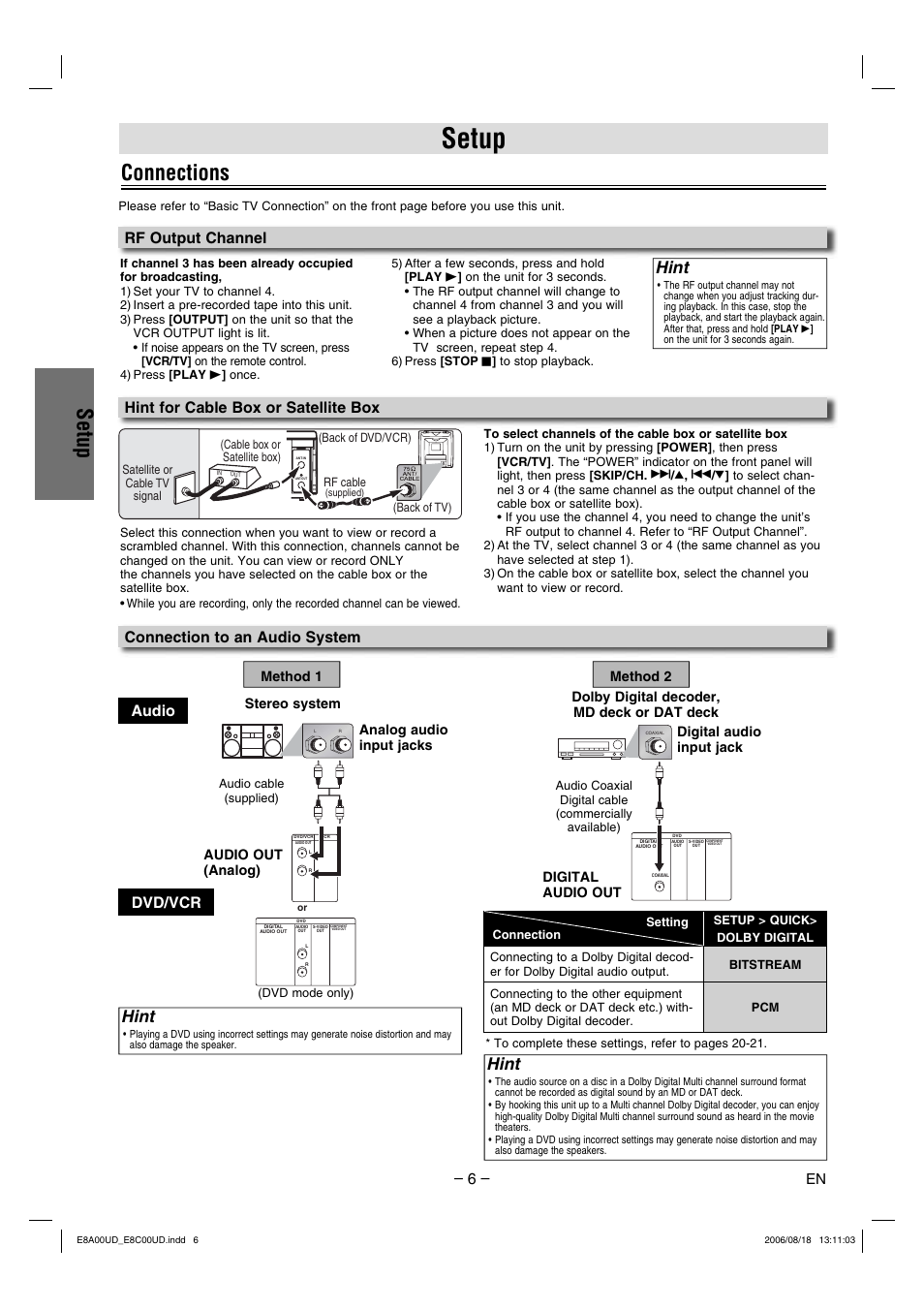 Setup, Connections, Hint | Hint for cable box or satellite box, Connection to an audio system, Rf output channel, Audio dvd/vcr, Digital audio input jack digital audio out | Sylvania DVC865G User Manual | Page 6 / 28