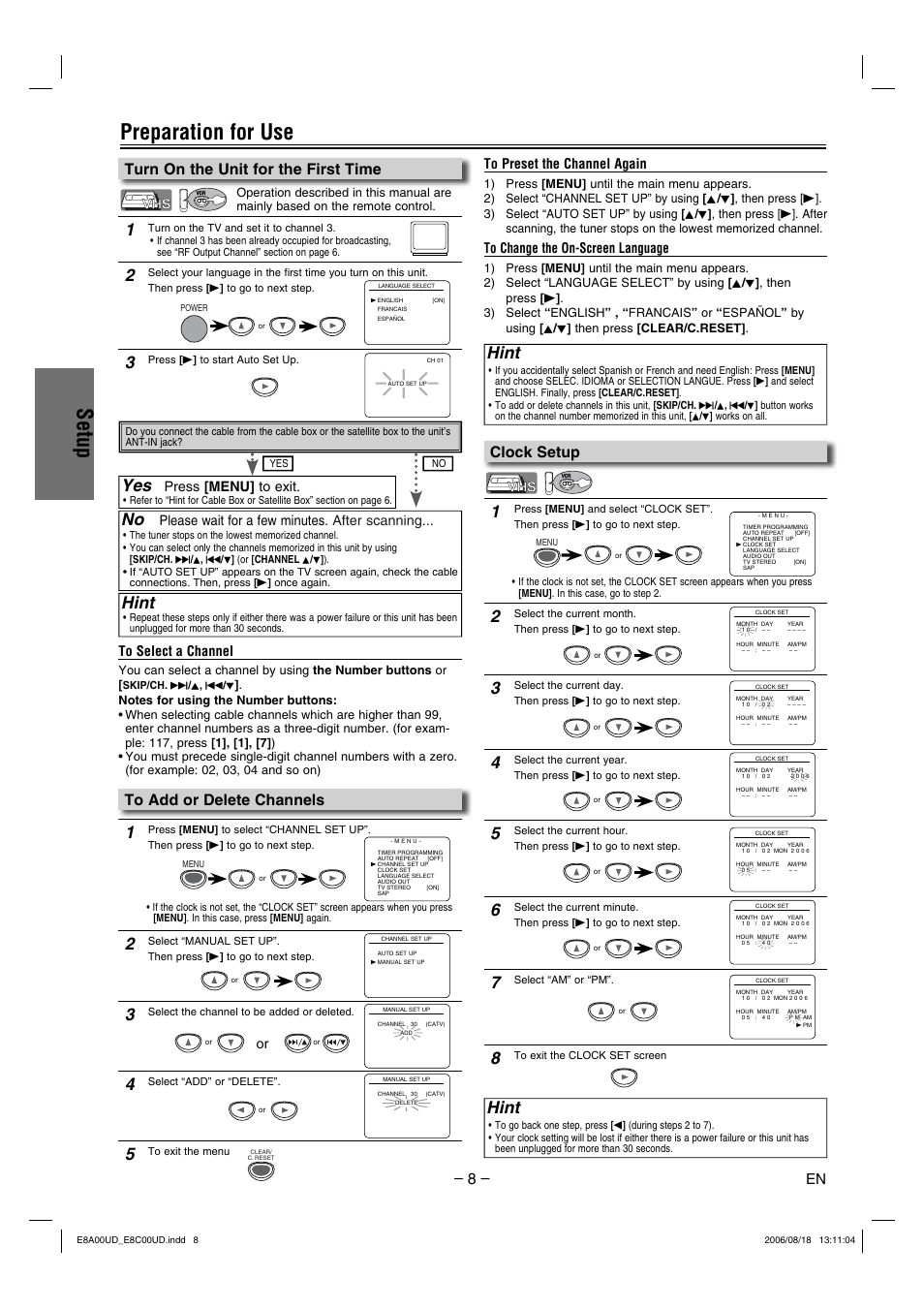 Setup, Preparation for use, Hint | Turn on the unit for the first time, Clock setup, Please wait for a few minutes. after scanning, Press [menu] to exit | Sylvania DVC865G User Manual | Page 8 / 28