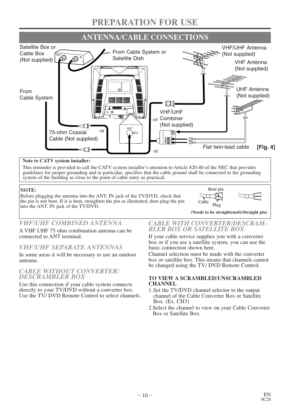 Preparation for use, Antenna/cable connections, Vhf/uhf combined antenna | Vhf/uhf separate antennas, Cable without converter/ descrambler box | Sylvania RSEC520E User Manual | Page 10 / 40