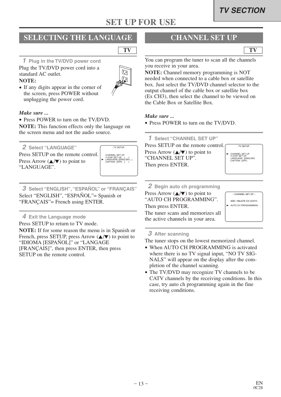 Set up for use, Selecting the language, Channel set up | Sylvania RSEC520E User Manual | Page 13 / 40