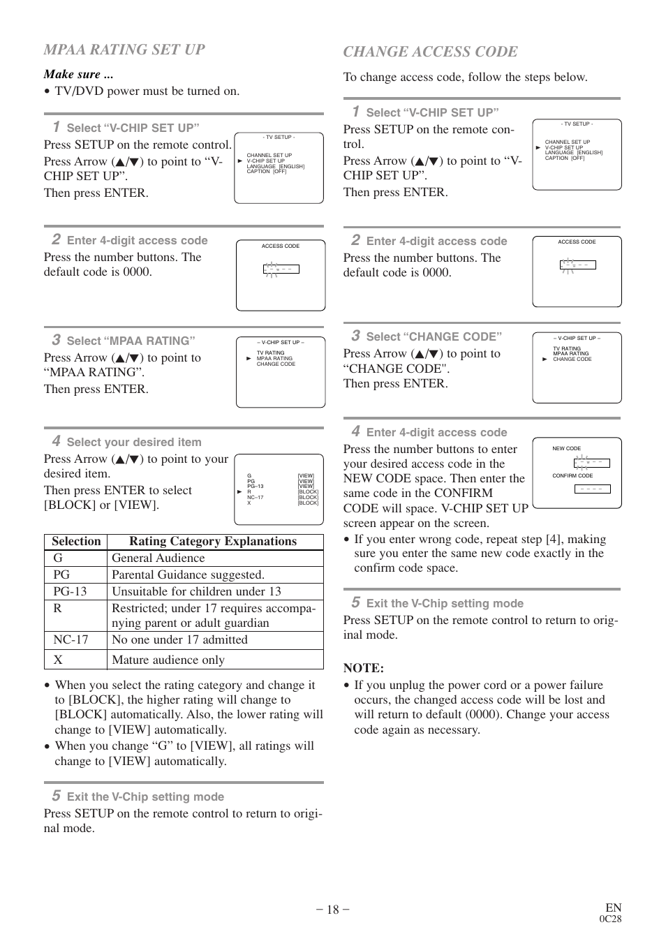 Mpaa rating set up, Change access code, Make sure | Tv/dvd power must be turned on, Press the number buttons. the default code is 0000 | Sylvania RSEC520E User Manual | Page 18 / 40