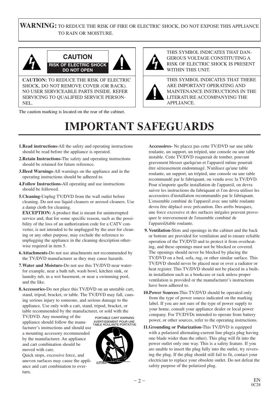 Important safeguards, Warning, Caution | Sylvania RSEC520E User Manual | Page 2 / 40