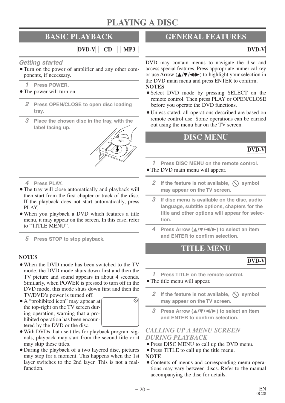 Playing a disc, Basic playback, General features | Title menu, Disc menu, Calling up a menu screen during playback | Sylvania RSEC520E User Manual | Page 20 / 40