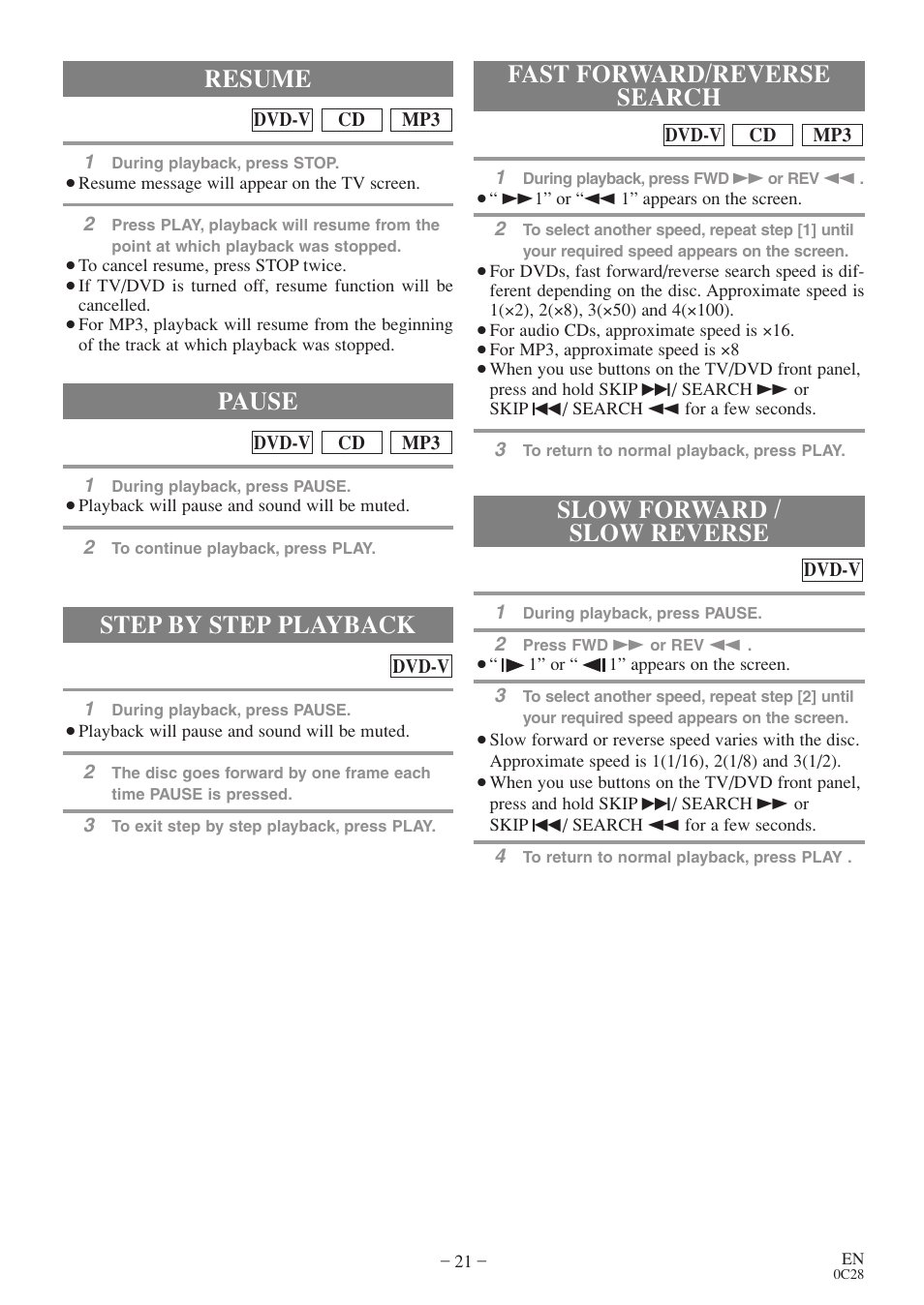 Step by step playback, Resume, Pause | Sylvania RSEC520E User Manual | Page 21 / 40