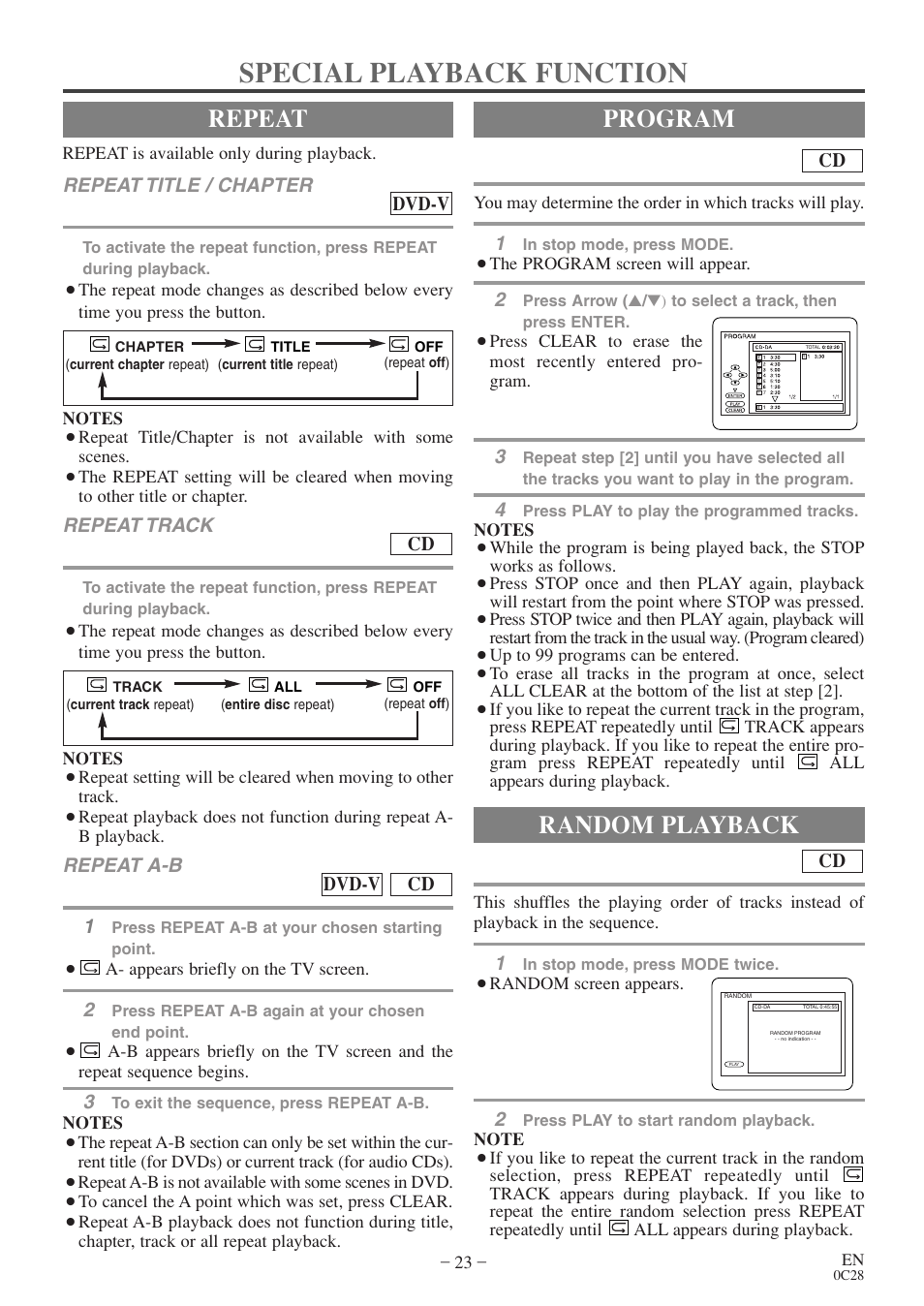 Special playback function, Repeat, Program | Random playback | Sylvania RSEC520E User Manual | Page 23 / 40