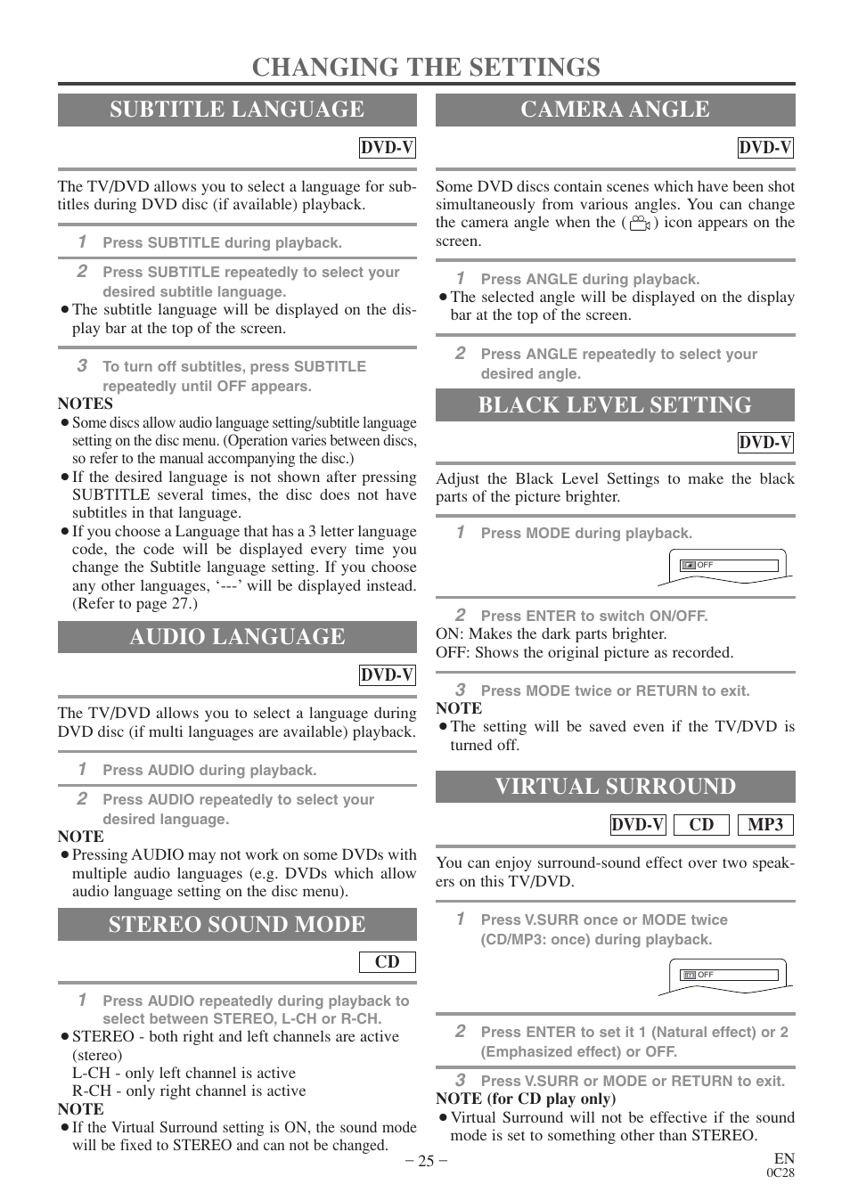 Changing the settings, Audio language, Stereo sound mode | Subtitle language camera angle, Black level setting, Virtual surround | Sylvania RSEC520E User Manual | Page 25 / 40