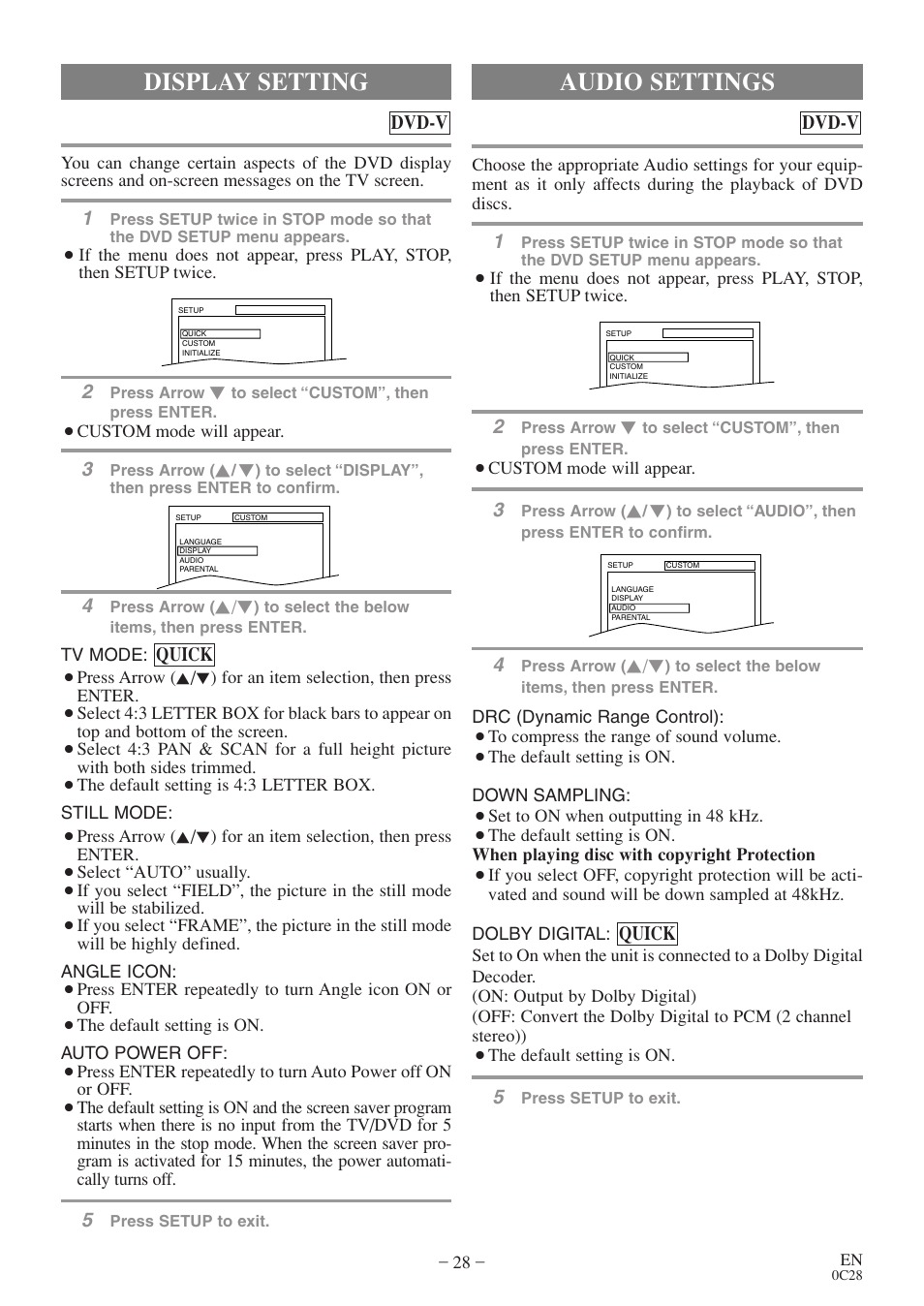 Audio settings, Display setting | Sylvania RSEC520E User Manual | Page 28 / 40