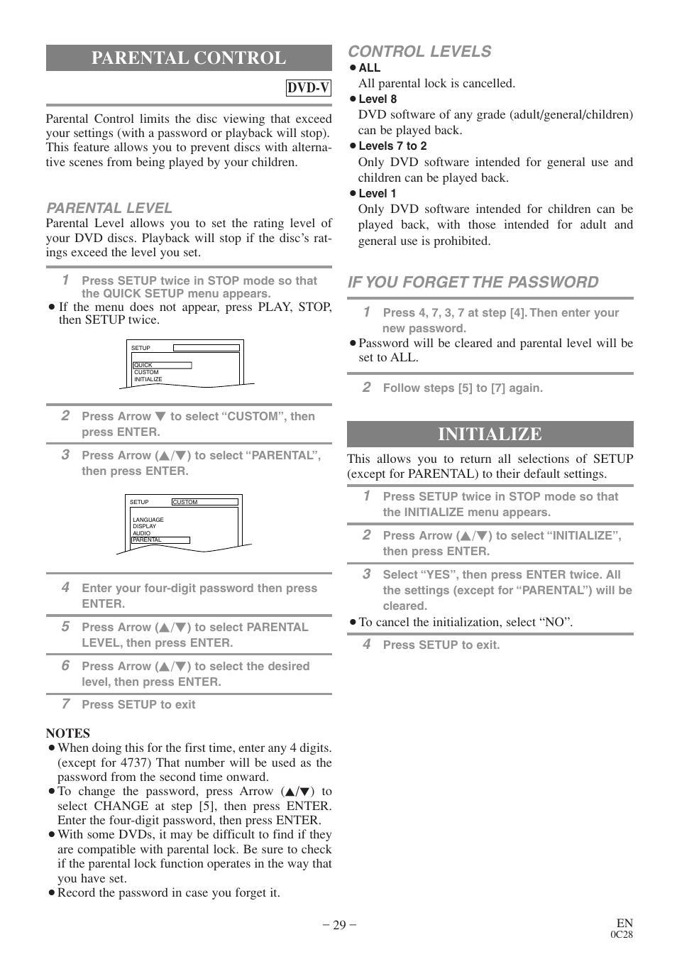 Parental control, Initialize, Control levels | If you forget the password | Sylvania RSEC520E User Manual | Page 29 / 40