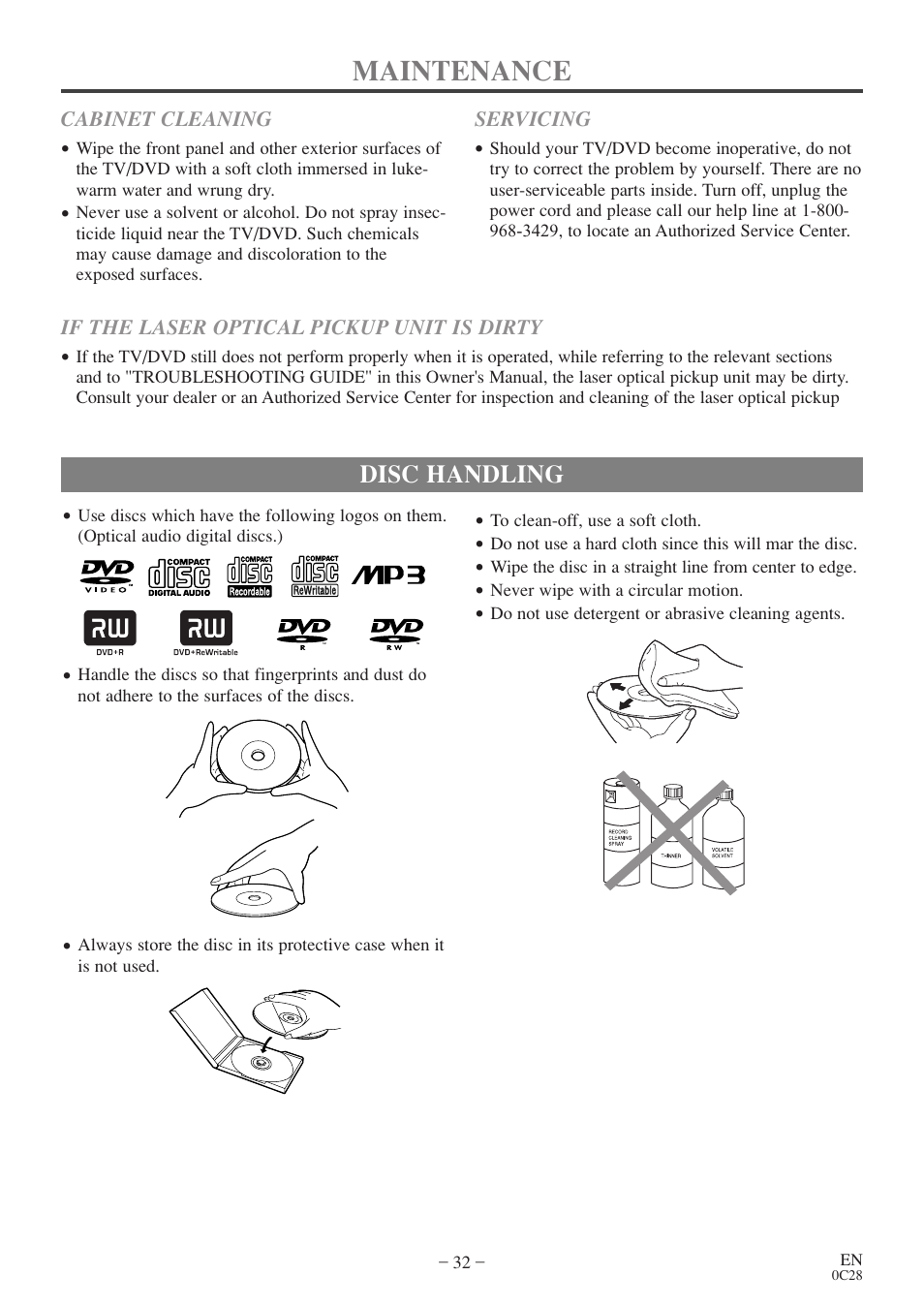 Maintenance, Disc handling | Sylvania RSEC520E User Manual | Page 32 / 40