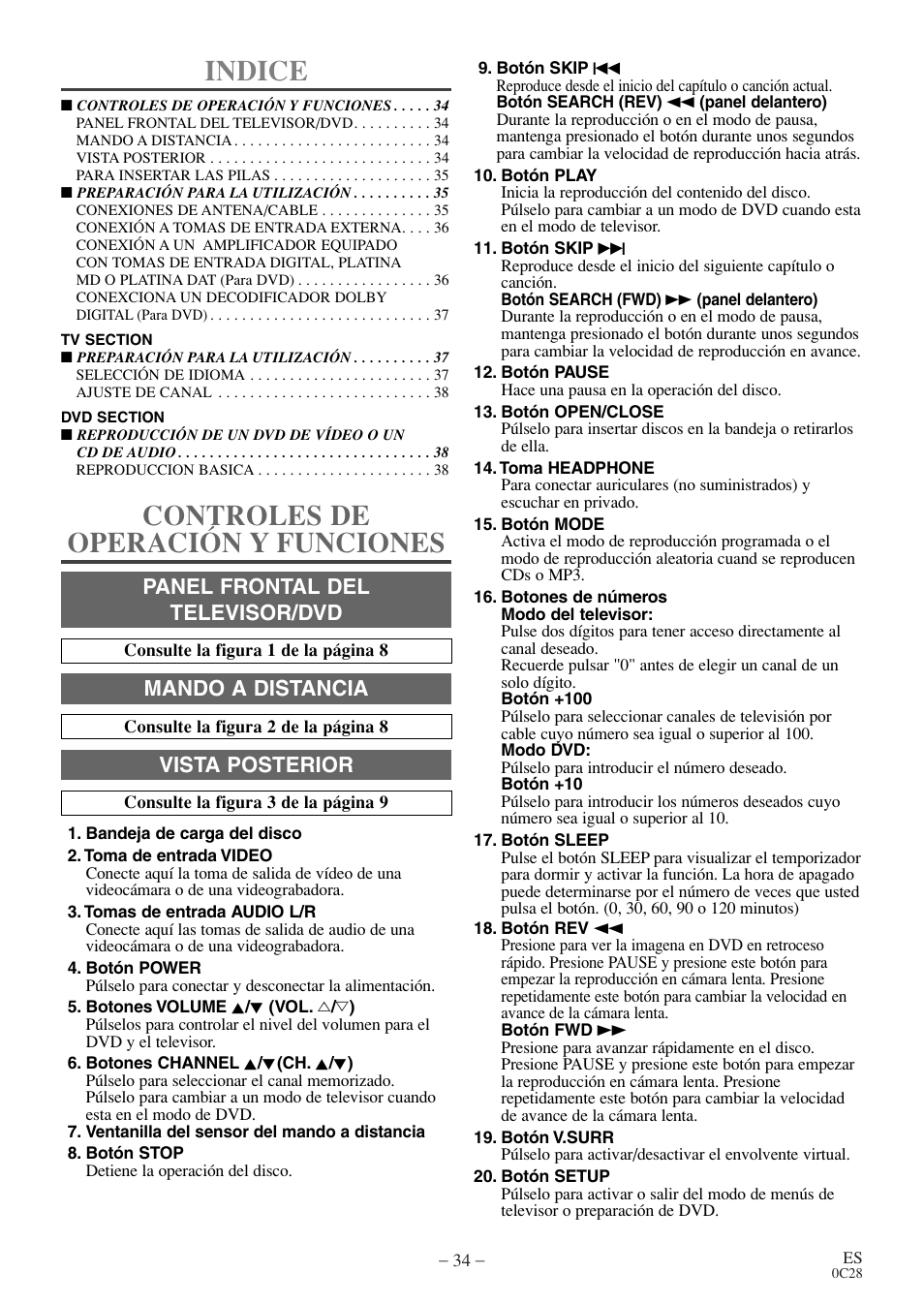 Indice, Controles de operación y funciones, Panel frontal del televisor/dvd | Mando a distancia, Vista posterior | Sylvania RSEC520E User Manual | Page 34 / 40