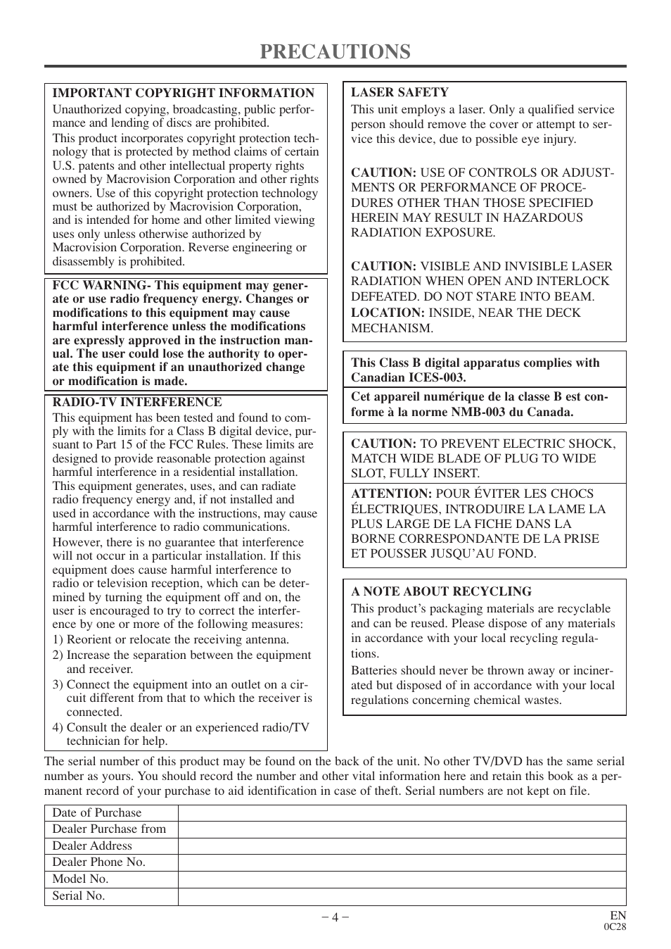 Precautions | Sylvania RSEC520E User Manual | Page 4 / 40