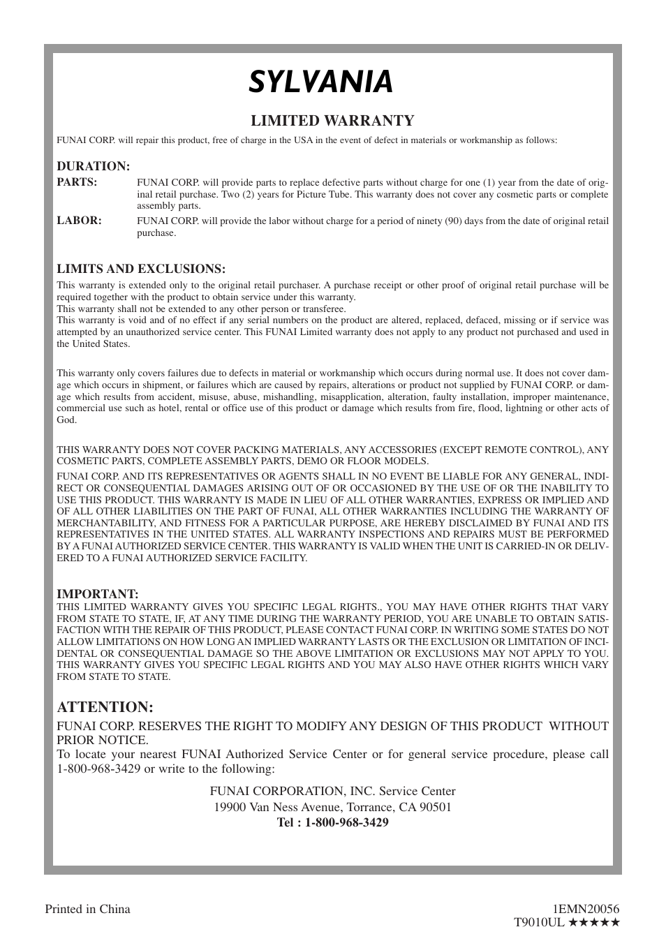 Sylvania, Limited warranty, Attention | Sylvania RSEC520E User Manual | Page 40 / 40