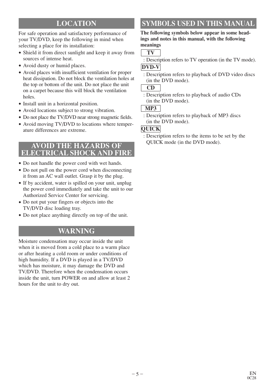 Warning, Symbols used in this manual | Sylvania RSEC520E User Manual | Page 5 / 40