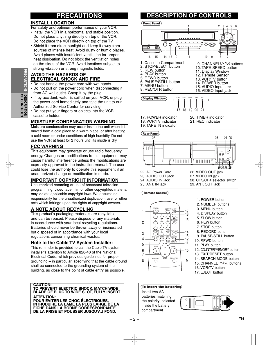 Precautions, Description of controls, Install location | Avoid the hazards of electrical shock and fire, Moisture condensation warning, Fcc warning, Important copyright information, 2 – en | Sylvania KVS400A User Manual | Page 2 / 8