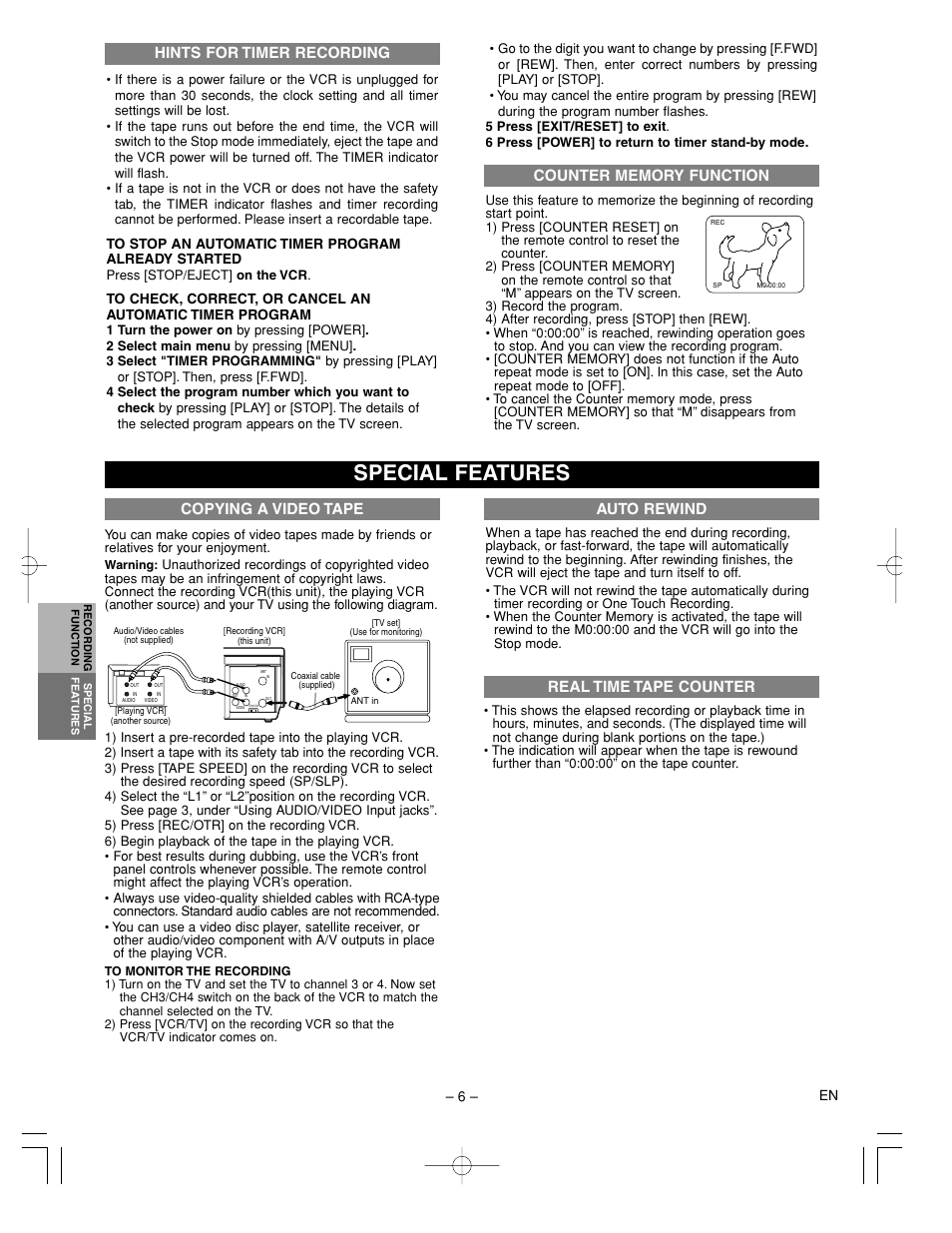 Special features, Copying a video tape, Hints for timer recording | Auto rewind, Real time tape counter | Sylvania KVS400A User Manual | Page 6 / 8