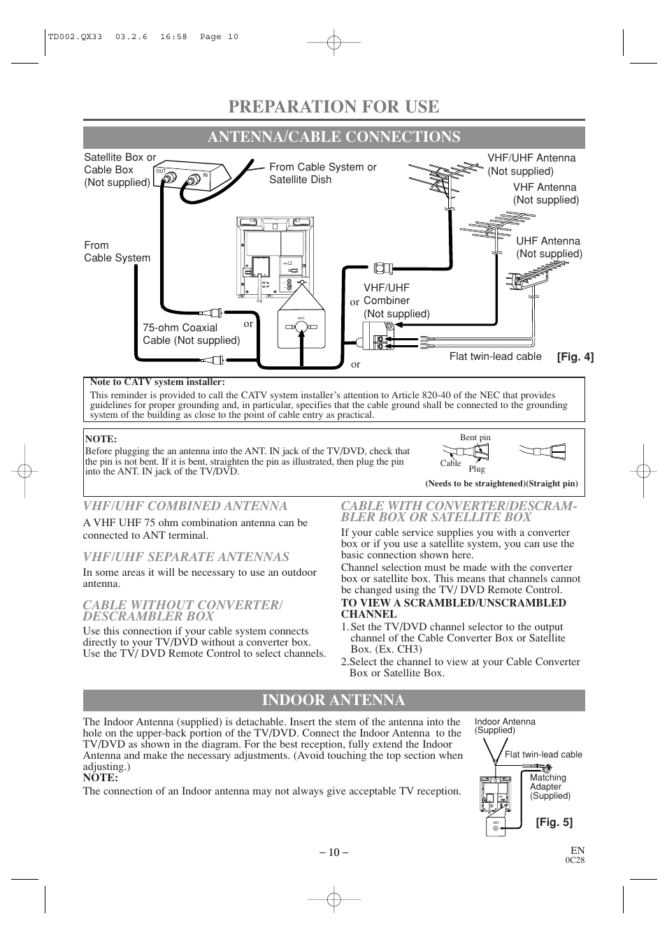 Preparation for use, Antenna/cable connections, Indoor antenna | Vhf/uhf combined antenna, Vhf/uhf separate antennas, Cable without converter/ descrambler box | Sylvania SSC509D User Manual | Page 10 / 33