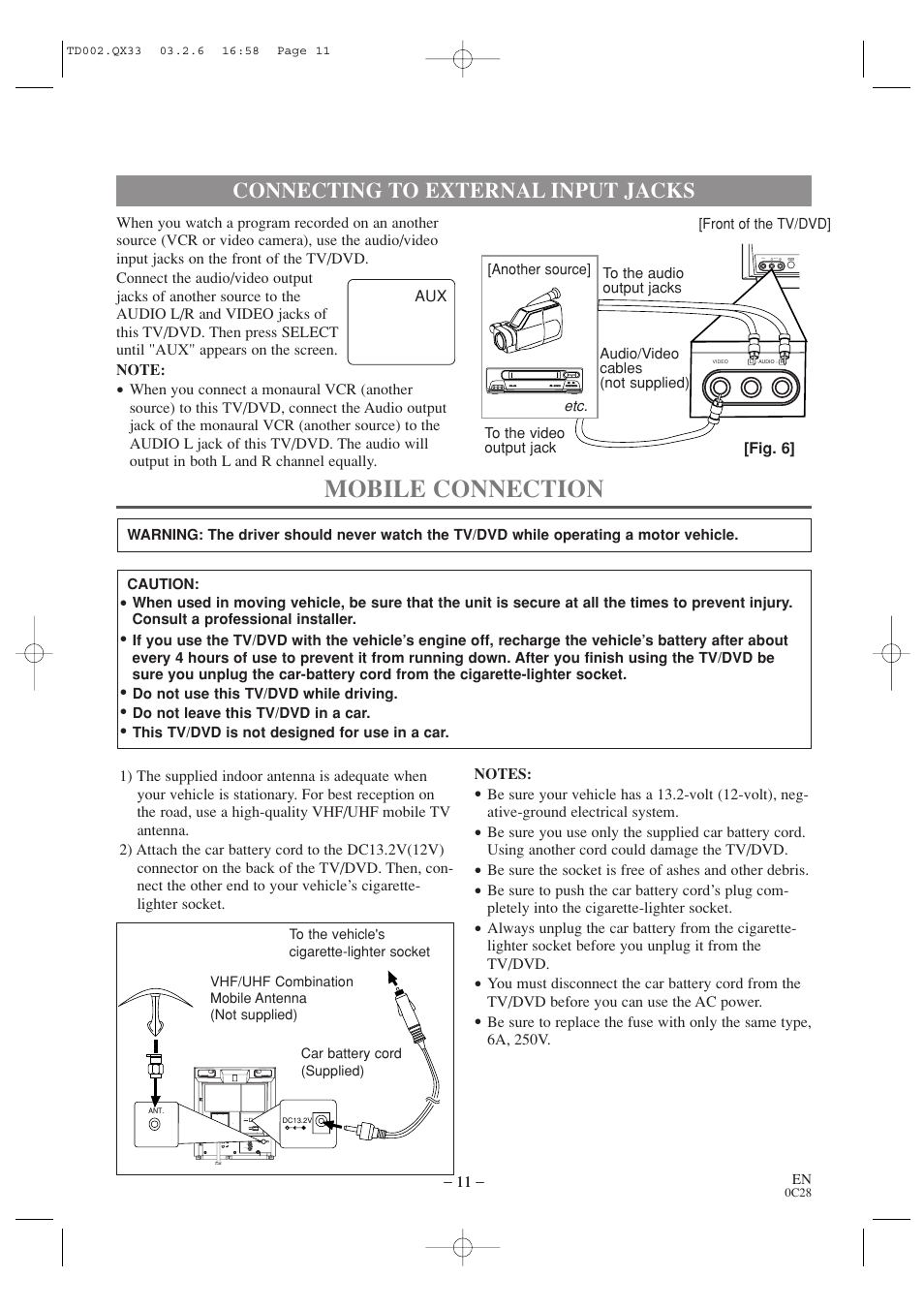 Mobile connection, Connecting to external input jacks | Sylvania SSC509D User Manual | Page 11 / 33