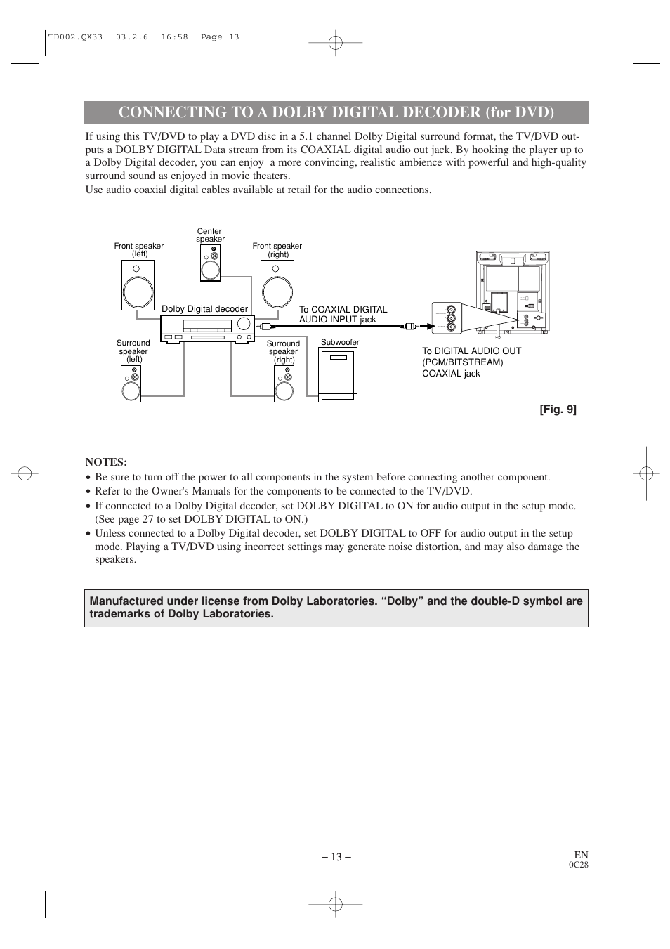 Connecting to a dolby digital decoder (for dvd) | Sylvania SSC509D User Manual | Page 13 / 33