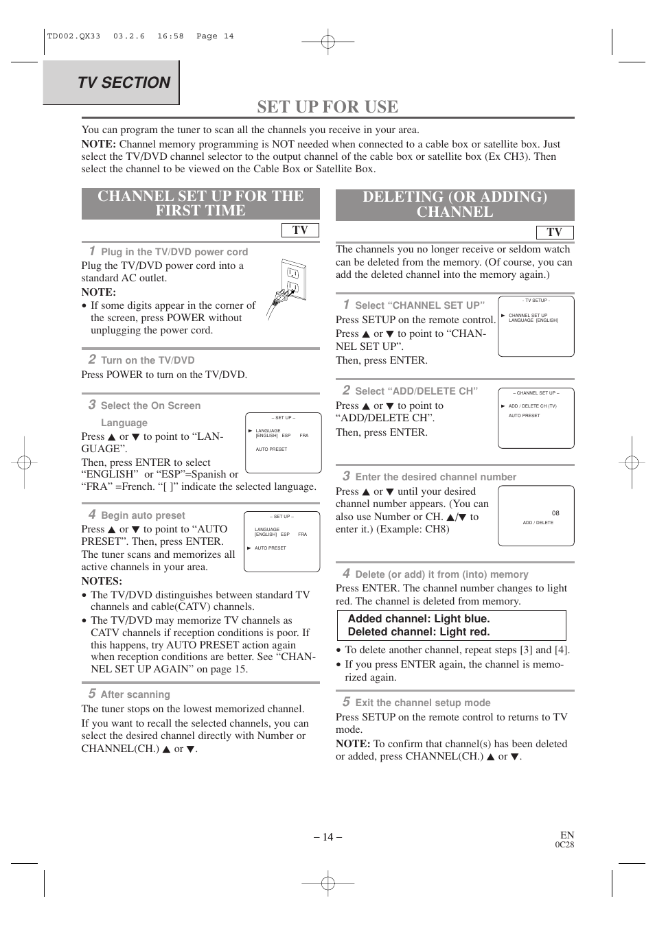 Set up for use, Channel set up for the first time, Deleting (or adding) channel | Sylvania SSC509D User Manual | Page 14 / 33