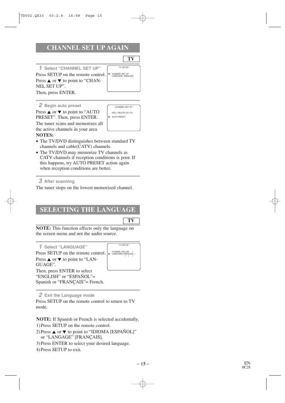 Channel set up again, Selecting the language | Sylvania SSC509D User Manual | Page 15 / 33