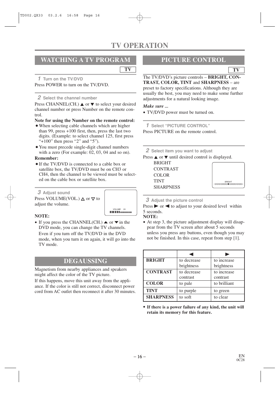 Tv operation, Degaussing, Watching a tv program | Picture control | Sylvania SSC509D User Manual | Page 16 / 33