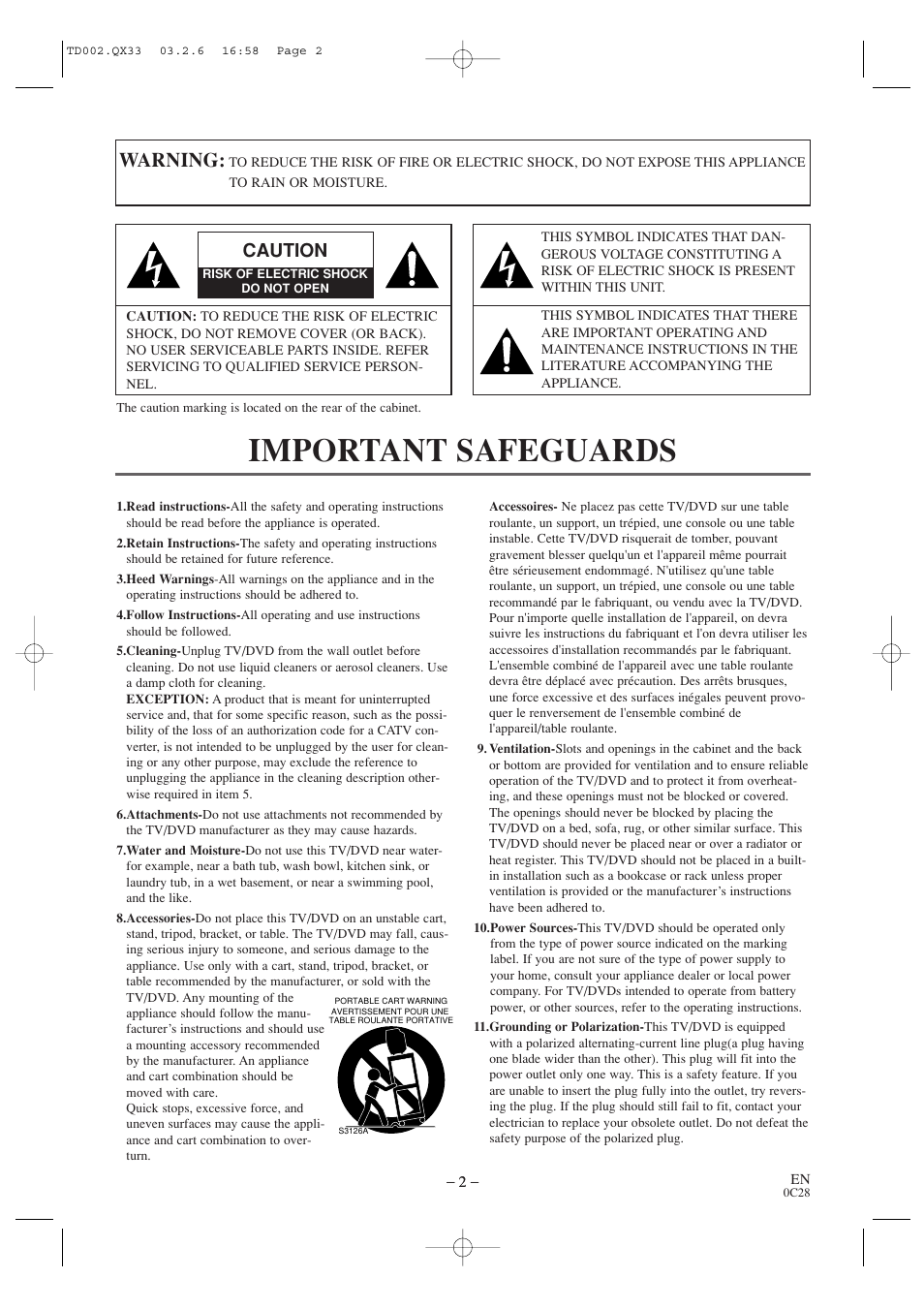 Important safeguards, Warning, Caution | Sylvania SSC509D User Manual | Page 2 / 33