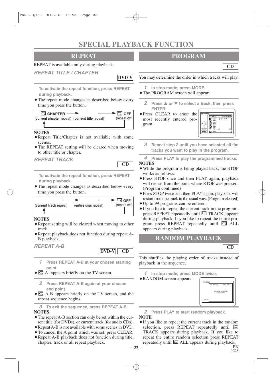 Special playback function, Repeat, Program | Random playback | Sylvania SSC509D User Manual | Page 22 / 33