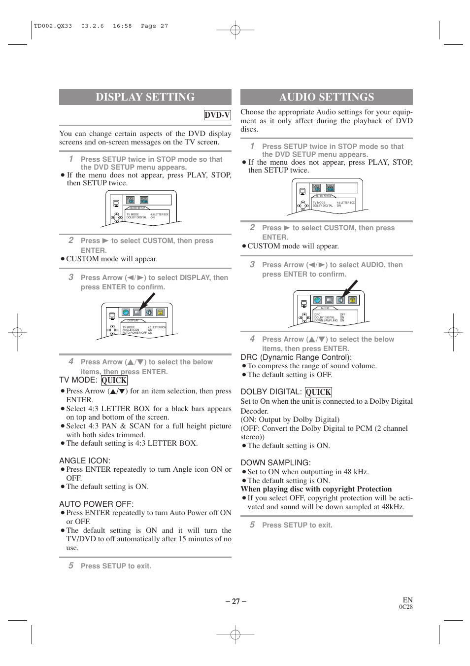 Audio settings, Display setting, Quick | Quick dvd-v | Sylvania SSC509D User Manual | Page 27 / 33