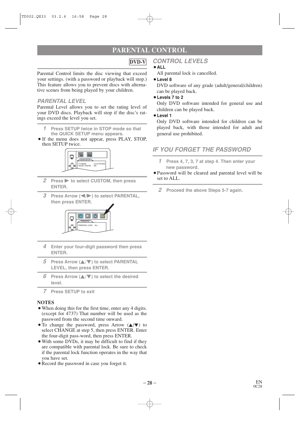 Parental control, Control levels, If you forget the password | Sylvania SSC509D User Manual | Page 28 / 33