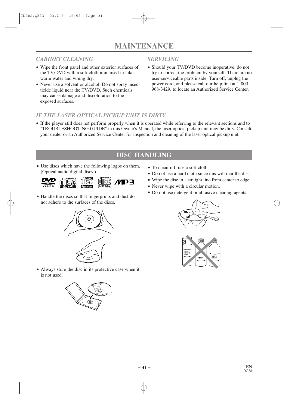 Maintenance, Disc handling | Sylvania SSC509D User Manual | Page 31 / 33