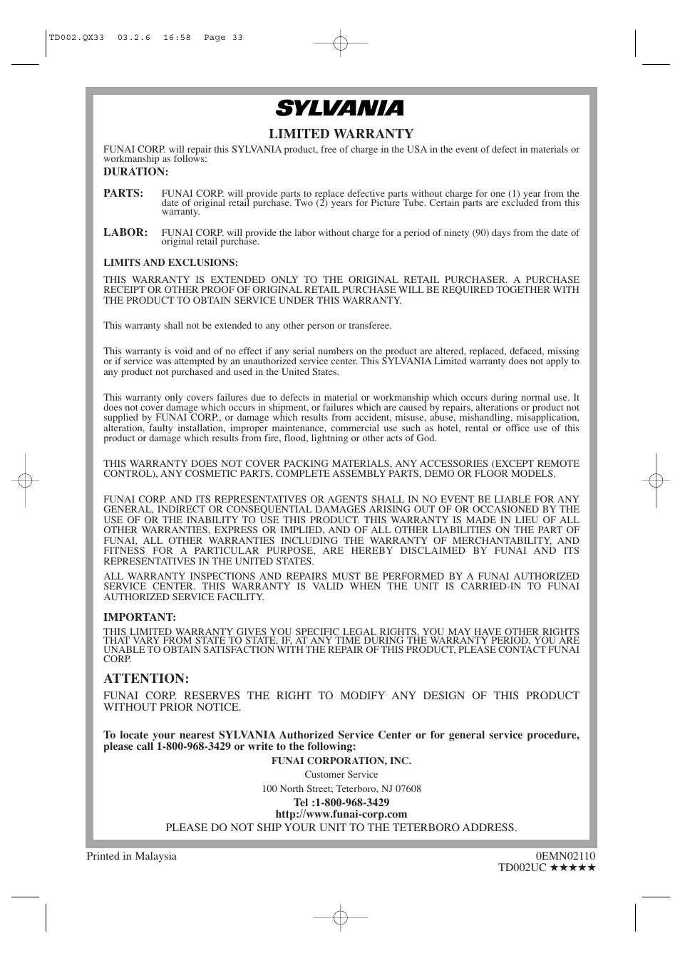 Limited warranty, Attention | Sylvania SSC509D User Manual | Page 33 / 33