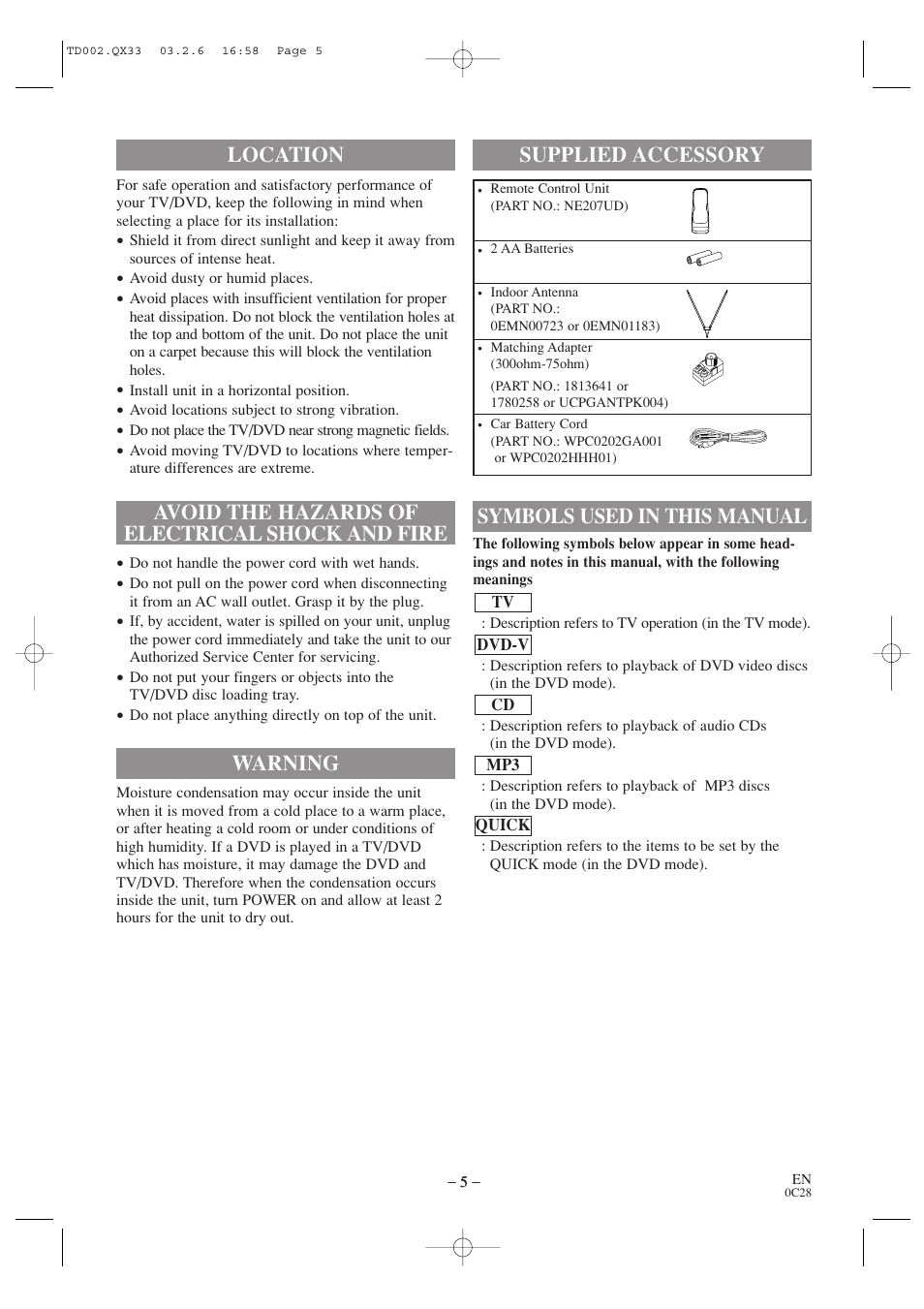 Warning, Symbols used in this manual supplied accessory | Sylvania SSC509D User Manual | Page 5 / 33