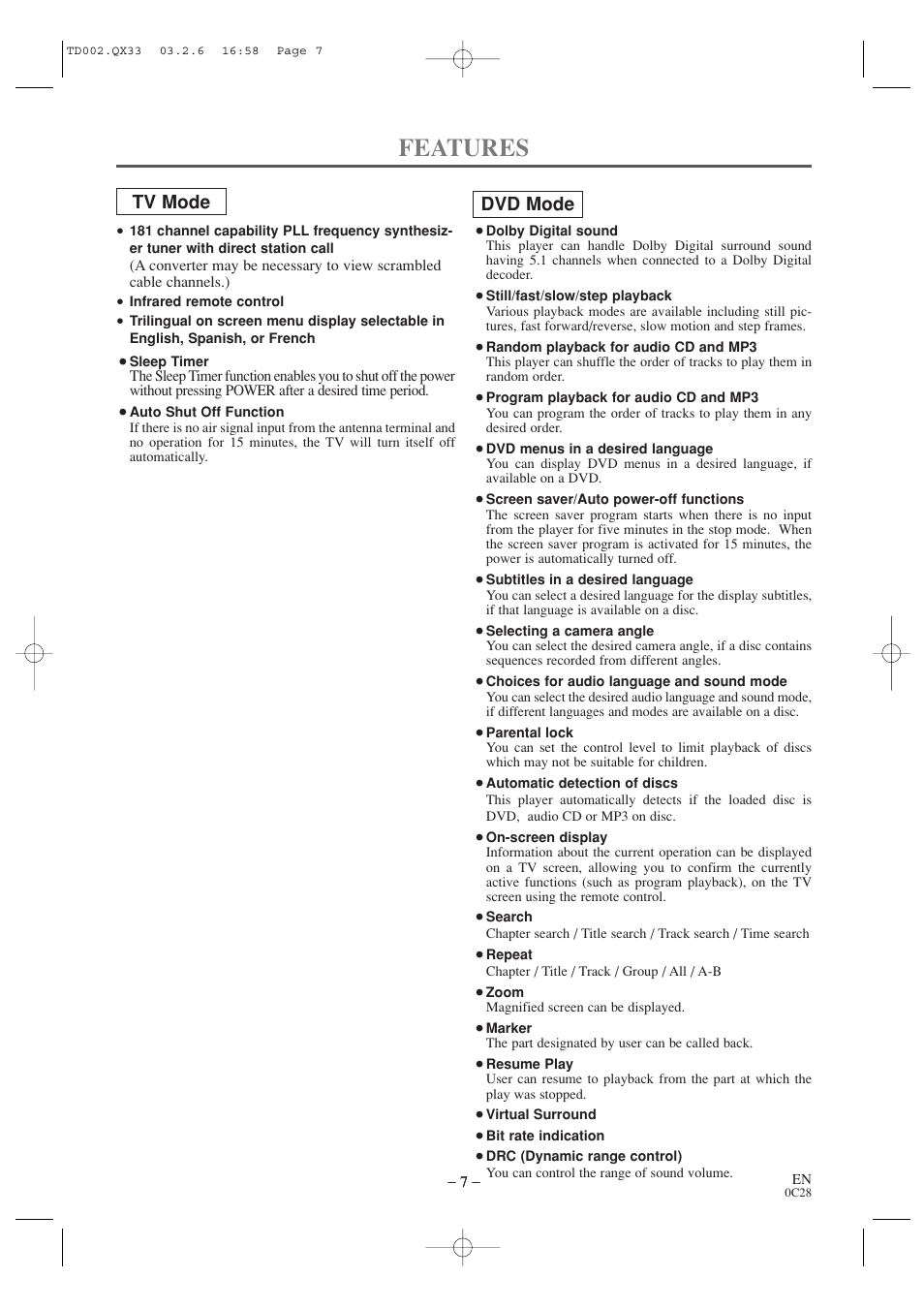 Features, Tv mode dvd mode | Sylvania SSC509D User Manual | Page 7 / 33