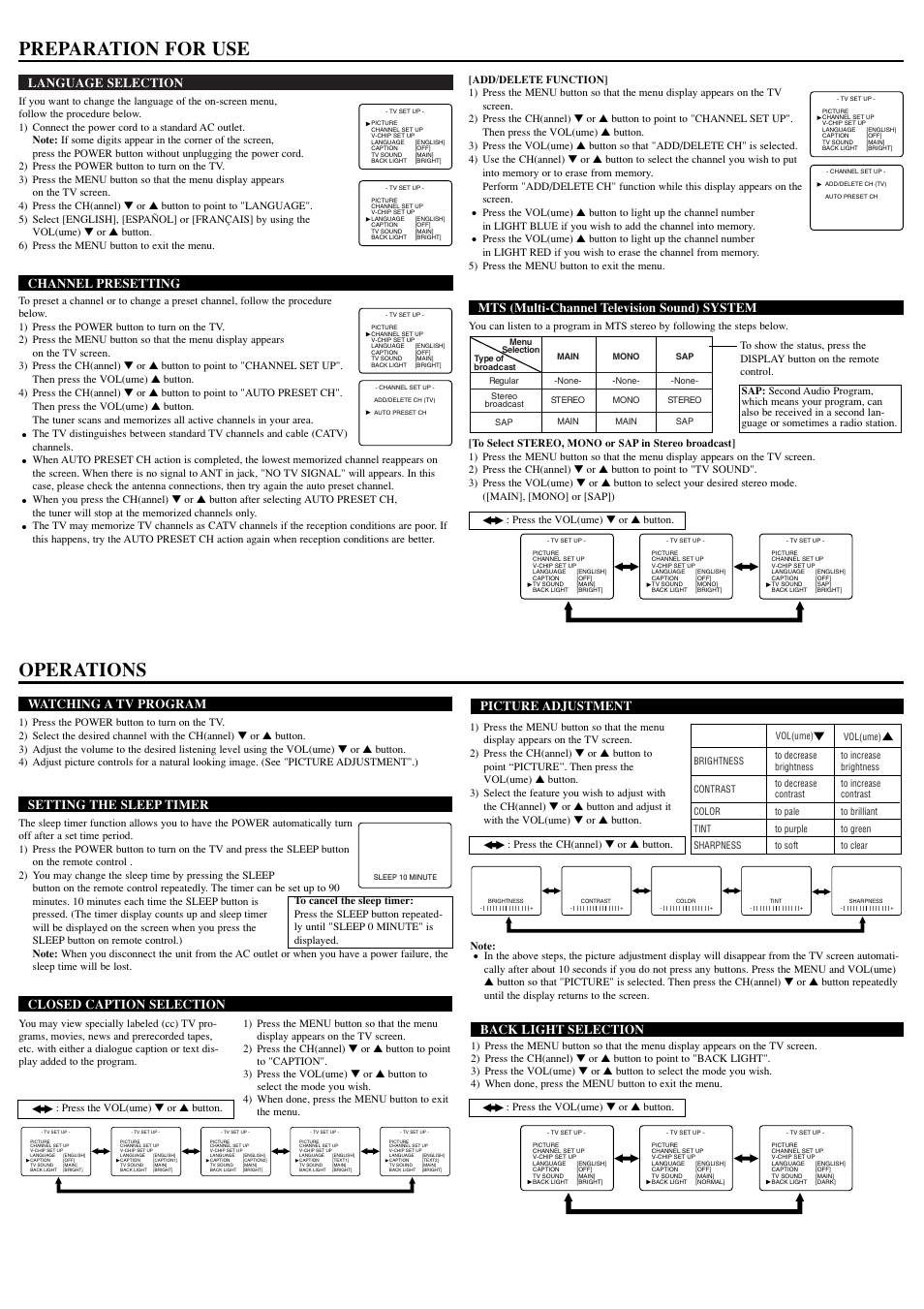 Preparation for use, Operations, Language selection | Channel presetting, Mts (multi-channel television sound) system, Picture adjustment back light selection, Watching a tv program, Setting the sleep timer, Closed caption selection | Sylvania 6620LE User Manual | Page 3 / 8