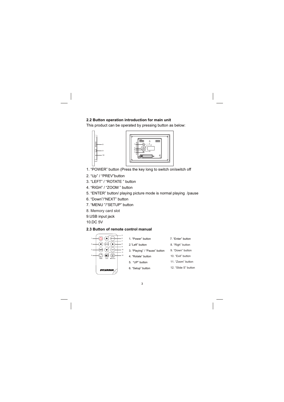 3 button of remote control manual | Sylvania SDPF833 User Manual | Page 4 / 12