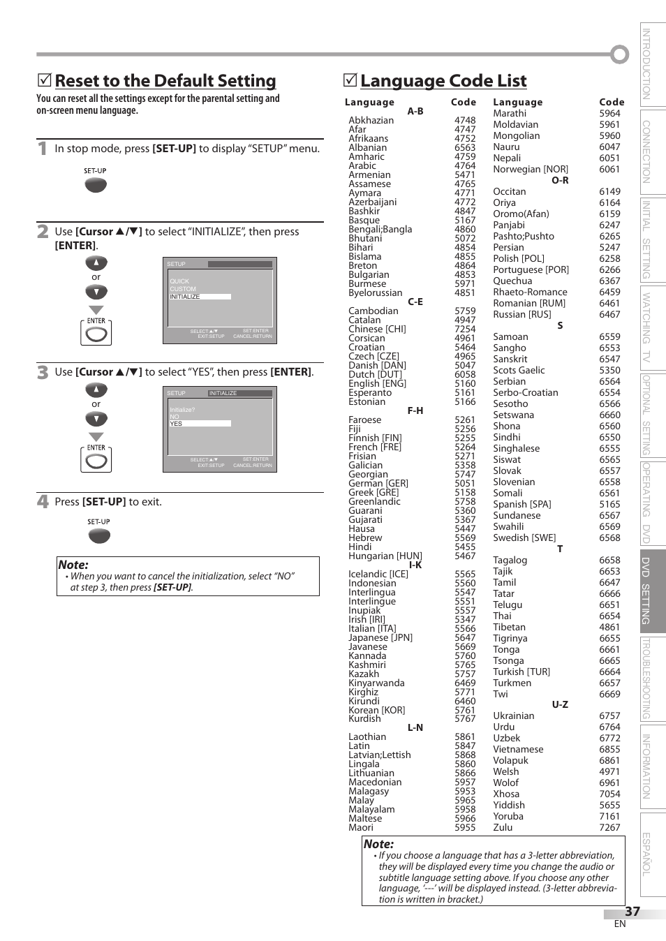 Reset to the default setting, 5language code list | Sylvania CD202SL8 User Manual | Page 37 / 84