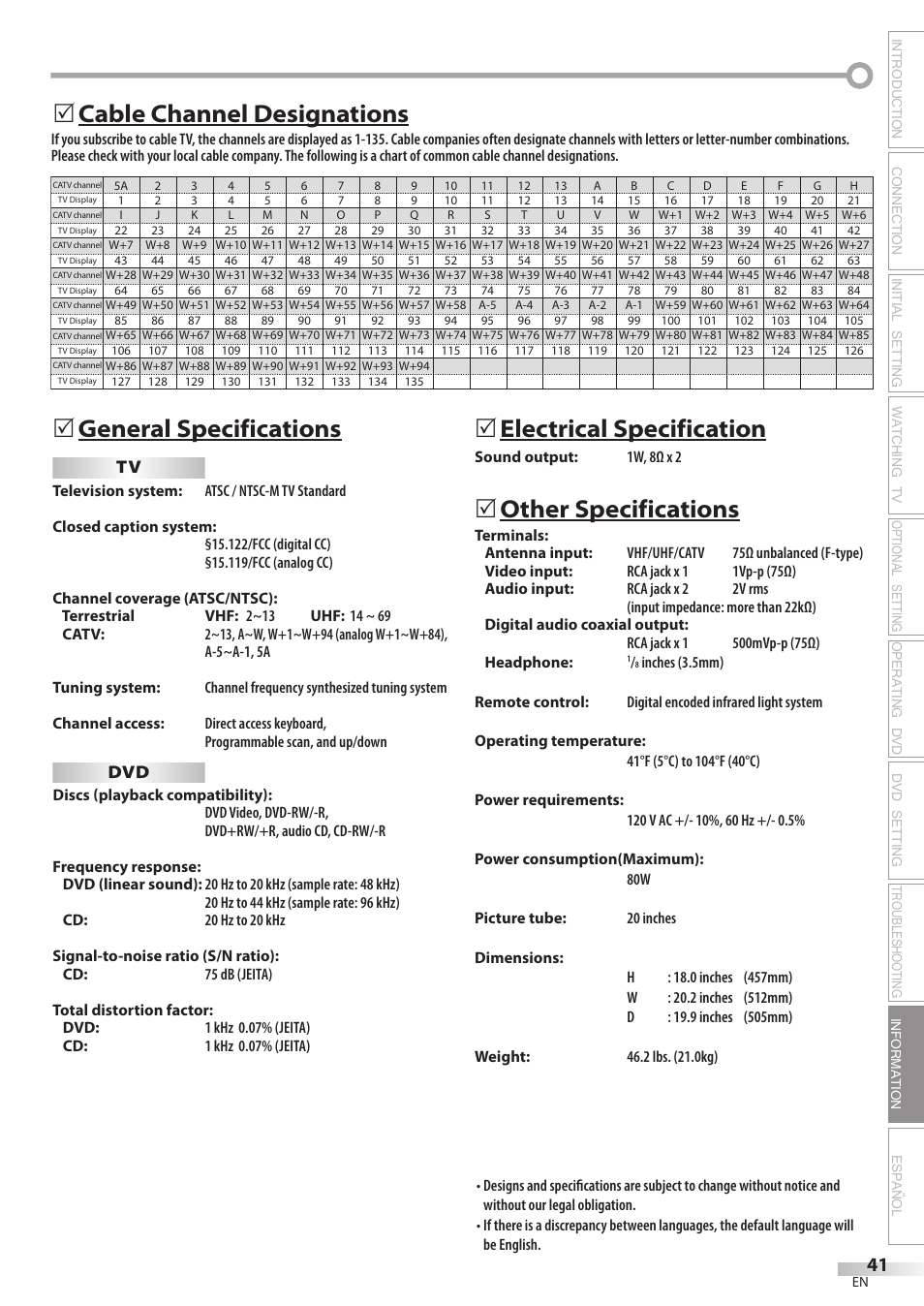 5electrical specification, Other specifications | Sylvania CD202SL8 User Manual | Page 41 / 84