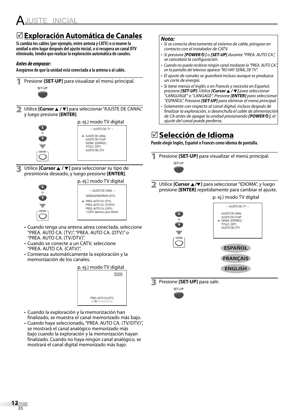 Juste inicial, Exploración automática de canales, Selección de idioma | Sylvania CD202SL8 User Manual | Page 54 / 84