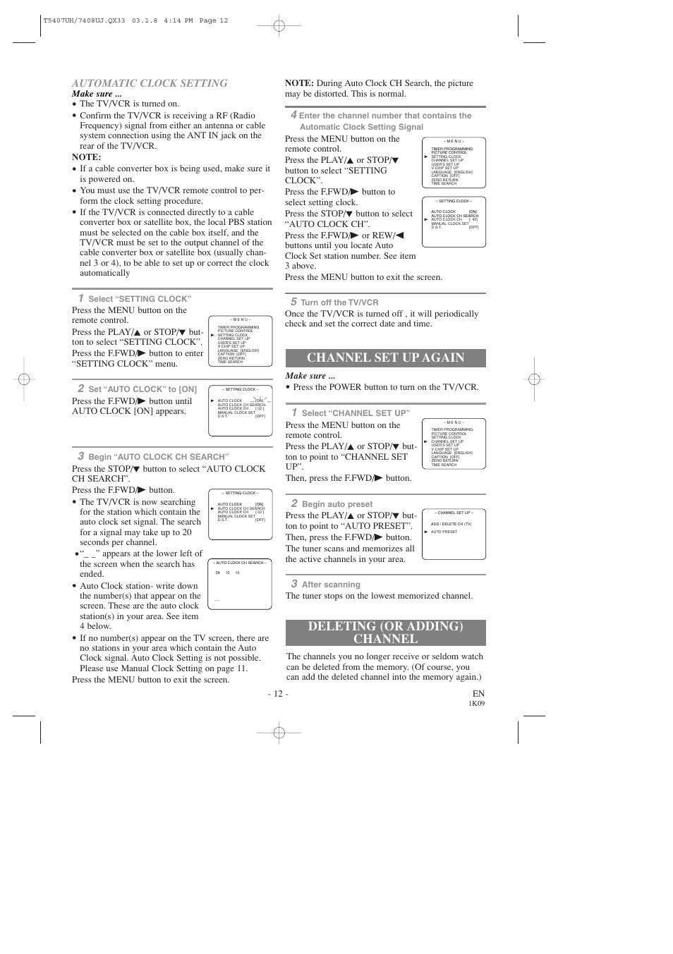 Deleting (or adding) channel channel set up again, Automatic clock setting | Sylvania SRC2319 User Manual | Page 12 / 32