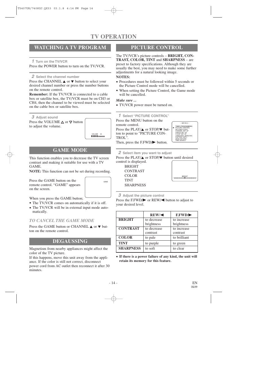 Tv operation, Watching a tv program, Game mode | Picture control, Degaussing | Sylvania SRC2319 User Manual | Page 14 / 32