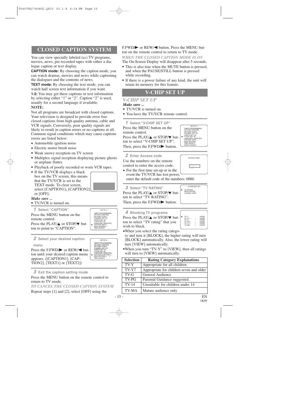 Closed caption system, V-chip set up | Sylvania SRC2319 User Manual | Page 15 / 32