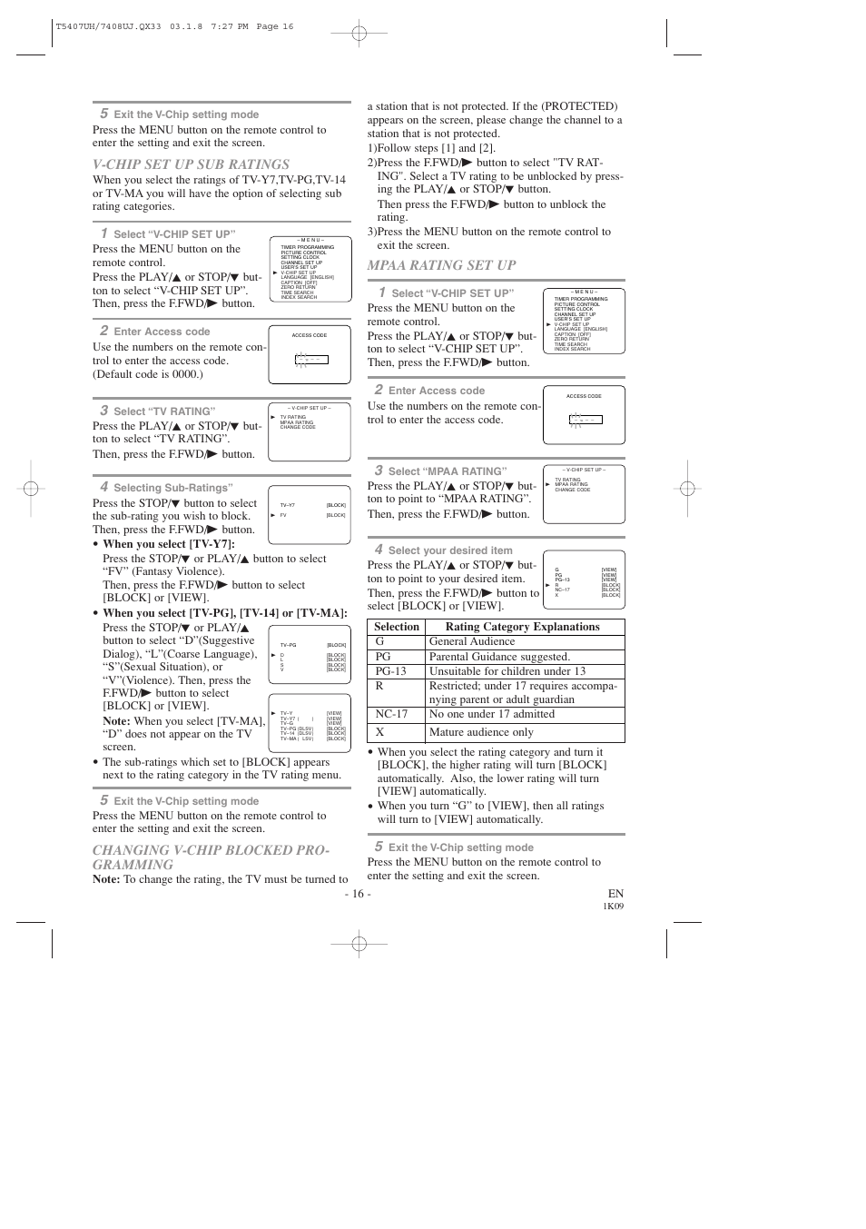 V-chip set up sub ratings, Changing v-chip blocked pro- gramming, Mpaa rating set up 1 | 16 - en | Sylvania SRC2319 User Manual | Page 16 / 32